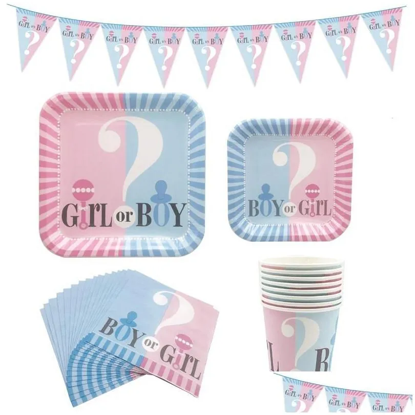 party decoration gender reveal deco supplies disposable tableware set pink/blue boy or girl paper plates cups for diy baby shower