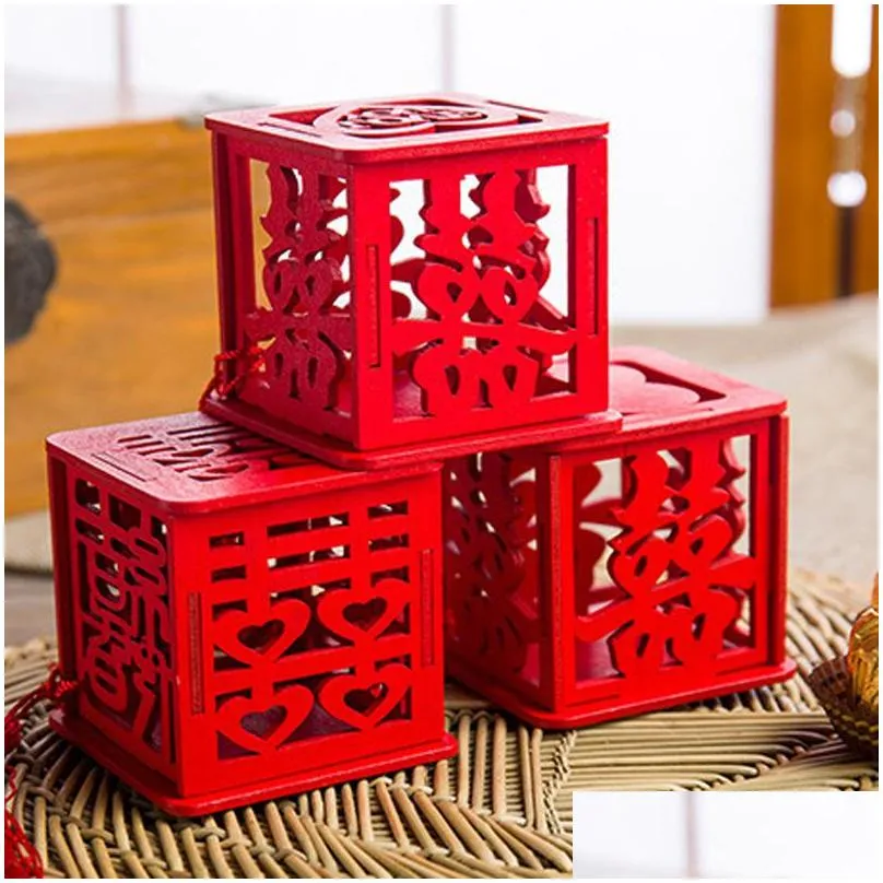 chinese style vintage novelty red square wooden love wedding candy boxes gift party favors sugar supply lx0434