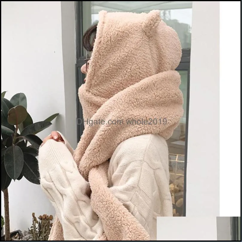 beanie/skull caps high quality fashion winter women beanies warm cute bear ear hat casual plush scarf set solid