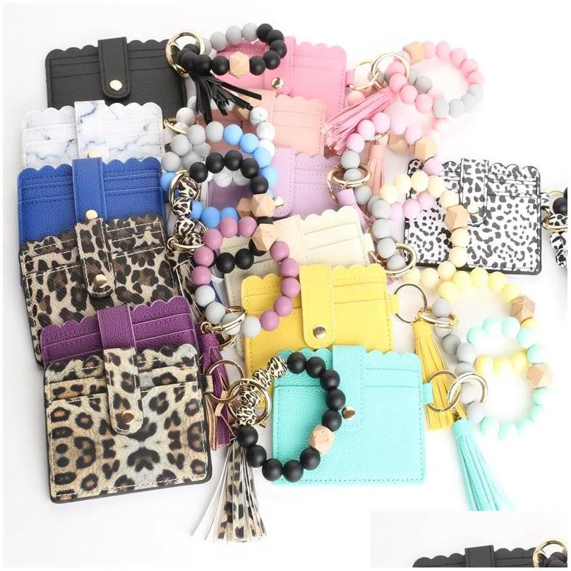 silicone bead bracelet favor leopard card bag wood beaded pu leather tassel keychain portable ladies wallet with snap party supplies