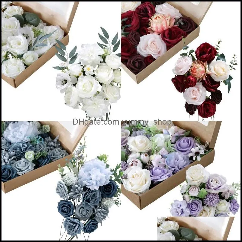 newartificial flowers with box white pink red blue rose flowers for diy wedding bouquets centerpieces arrangements decoration rrd12873