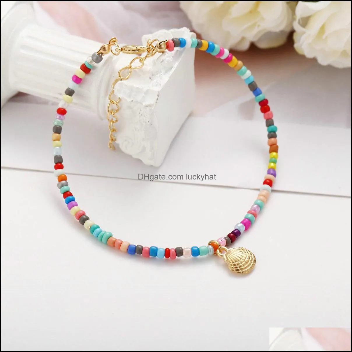 hot selling summer bohemian style color beaded anklet retro alloy scallop pendant foot chain