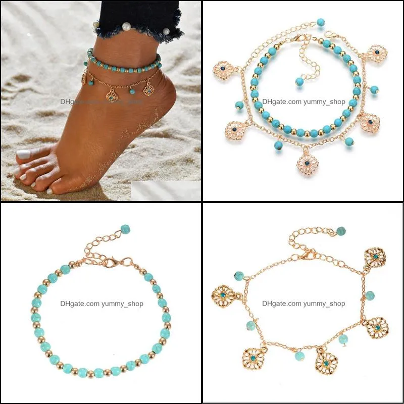 bohemian style anklet retro hollow flower pendant double layer beaded foot chain jewelry