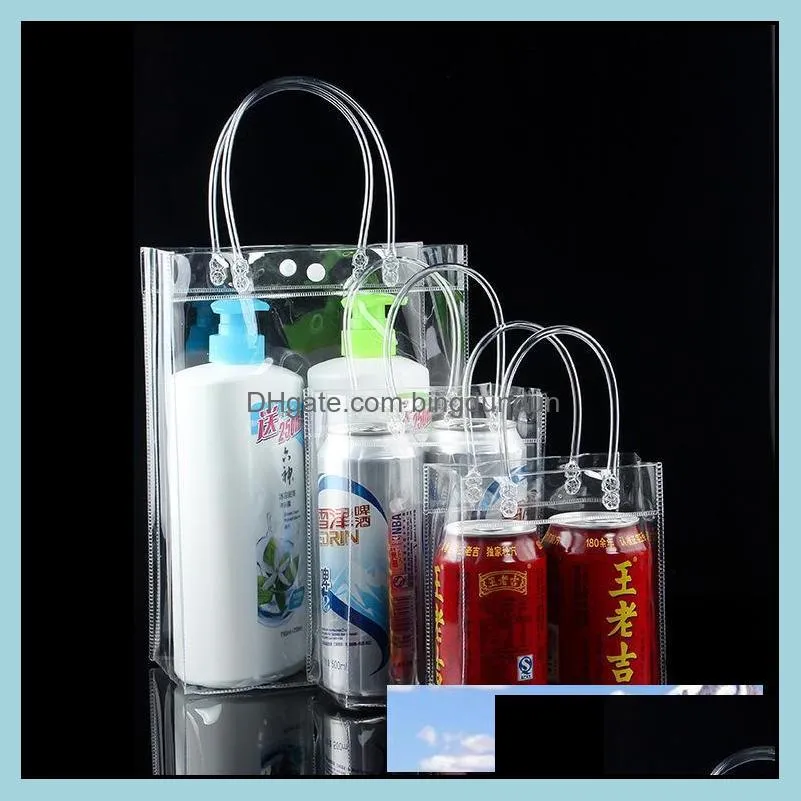 10pcs pvc plastic gift with handles plastic wine packaging bags clear handbag party favors bag fashion pp with button