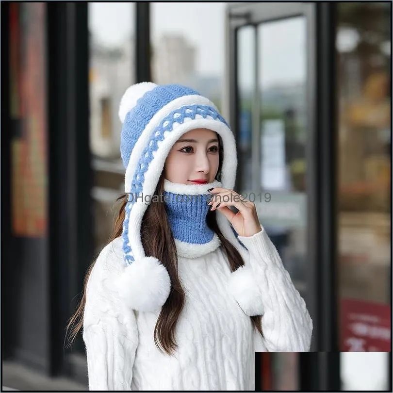 beanie/skull caps winter pompom hat and scarf set for women girls plus velvet warm female casual thick knitted hats 2 pieces