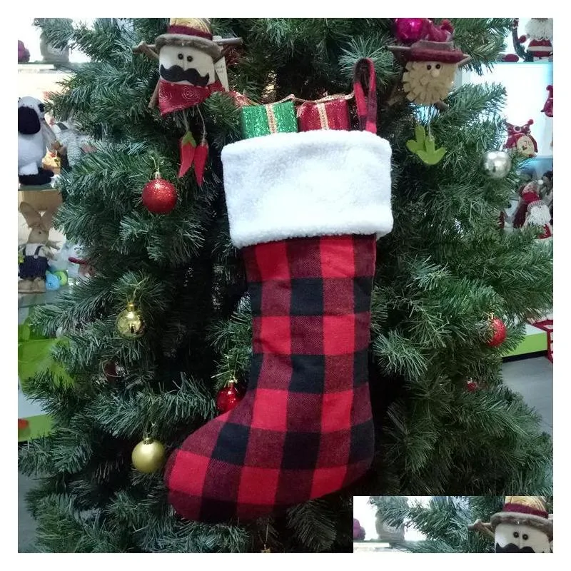 christmas home decoration new year gift xmas candy bag red black  plaid christmas stocking for kids