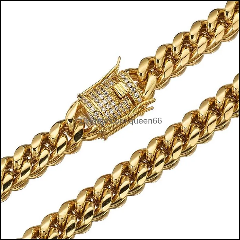 618mm wide stainless steel cuban  chains necklaces cz zircon box lock big heavy gold chain hiphop jewelry 436 q2