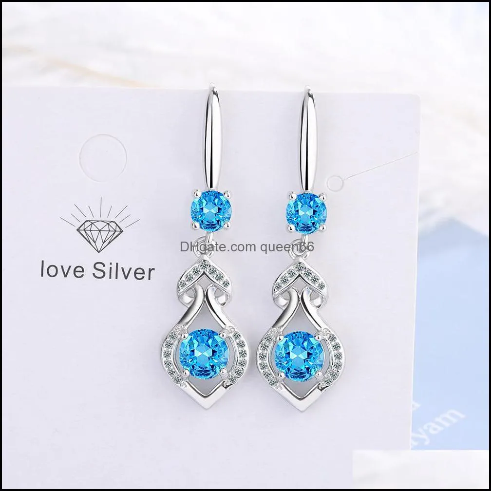 s925 stamp silver plated earrings teardrop charms blue pink white zircon earring jewelry shiny crystal tassel hoops piercing earrings for women wedding party