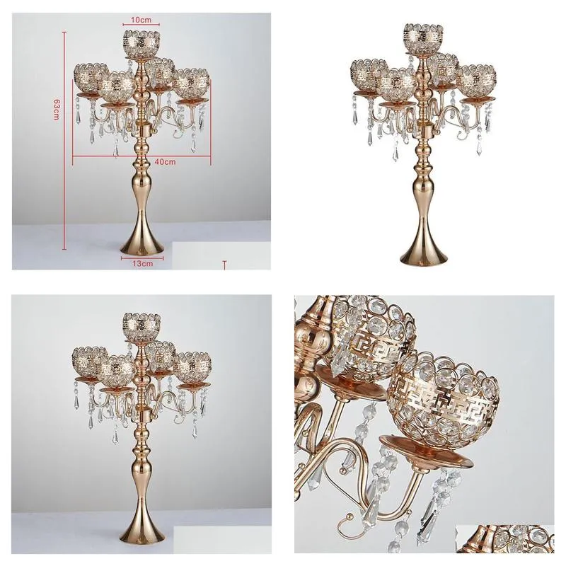 new style tall 5arms metal gold candelabras with pendants romantic wedding table candle holder home decoration sn2725