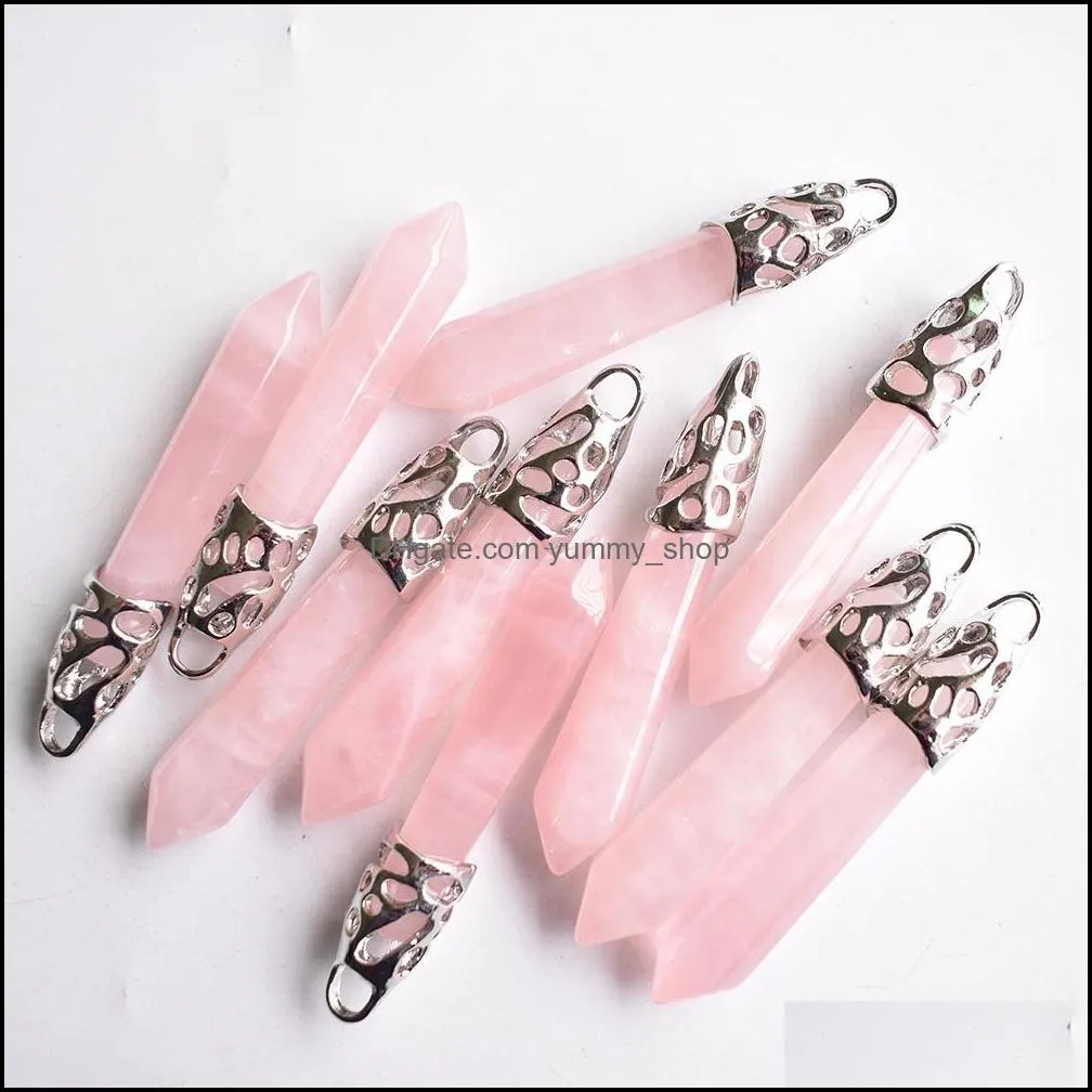 natural stone pink quartz crystal hexagonal pillar charms pendants jewelry necklace earrings making