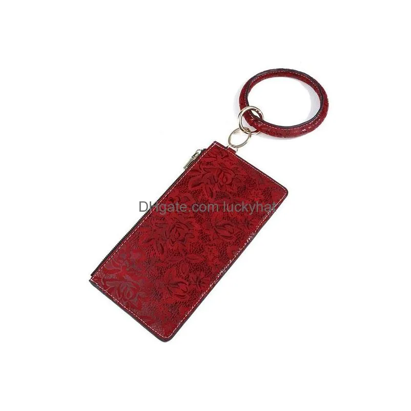 women girls pu leather bracelet key ring bangle keyring ring circle keychain wristlet keyrings jewelry with wallet