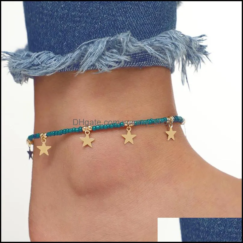 anklets 2021 simple fashion blue beaded handmade for women beach chic stars pendant anklet bracelet barefoot on leg foot jewelry