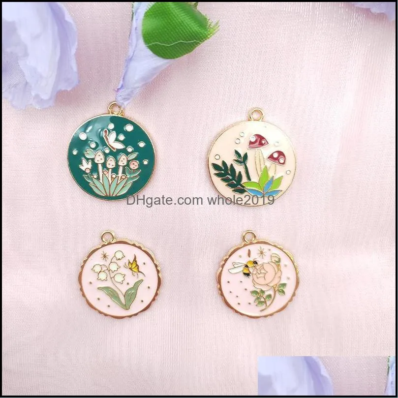 charms 10pcs alloy drip oil charm round cartoon plant bee butterfly earring pendant diy keychain necklace for jewelry making