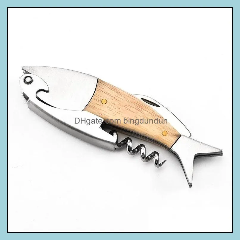 multifunction corkscrew wine opener fish shape bottle 3d shape wood handle tool accessories rrb14990