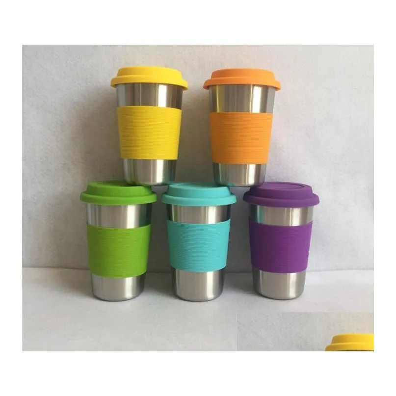 50pcs 500ml stainless steel cups with silicone cover cap juice beer cups 16oz tumbler metal kitchen drinking mug sn1335