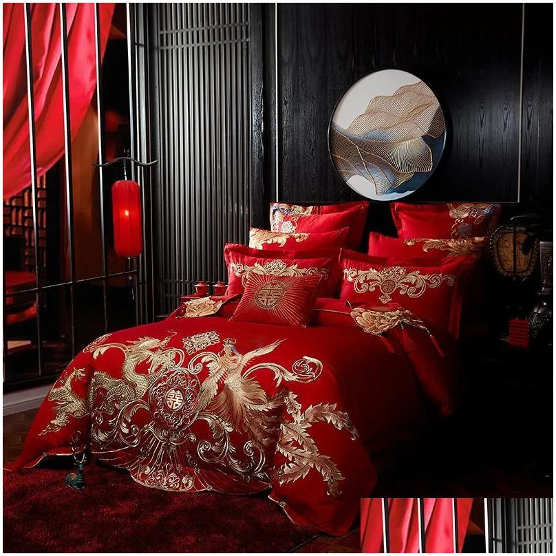 bedding sets red luxury gold phoenix loong embroidery chinese wedding 100 cotton set duvet cover bed sheet bedspread pillowcases