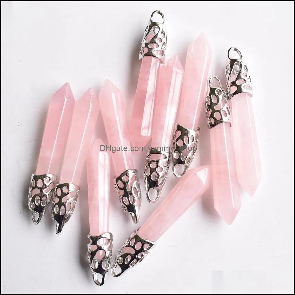 natural stone pink quartz crystal hexagonal pillar charms pendants jewelry necklace earrings making