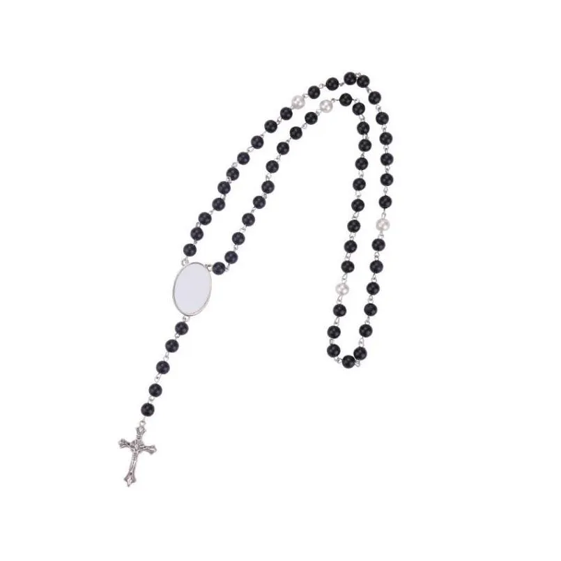 party favor 4 colors sublimation necklace heat transfer pendant rosary bead necklace cross jesus metal pendants sn6569