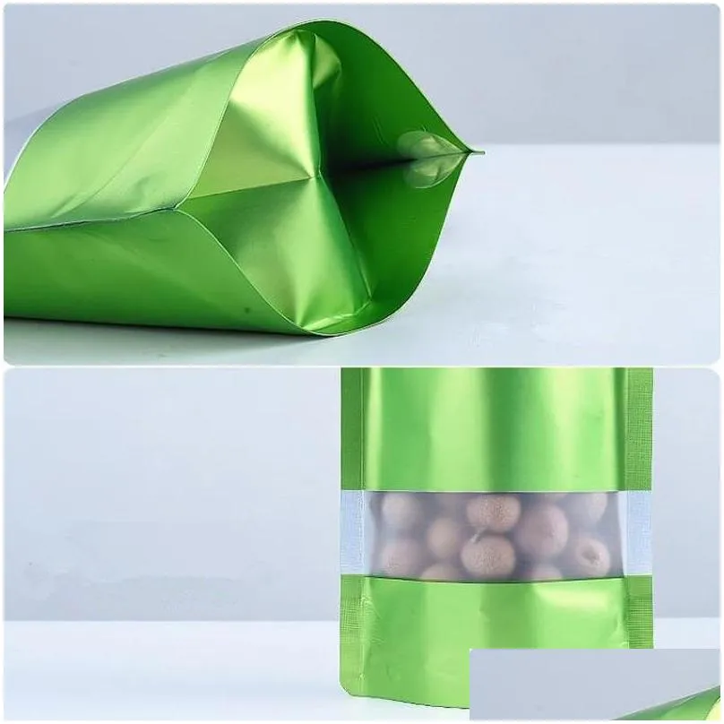 9 size green stand up aluminium foil bag with clear window plastic pouch zipper reclosable food storage packaging bag lx2693