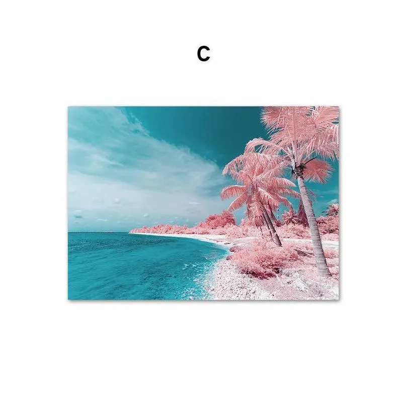 paintings blue palm tree tropical pink beach landscape wall art canvas painting nordic prints poster picture for living room decor