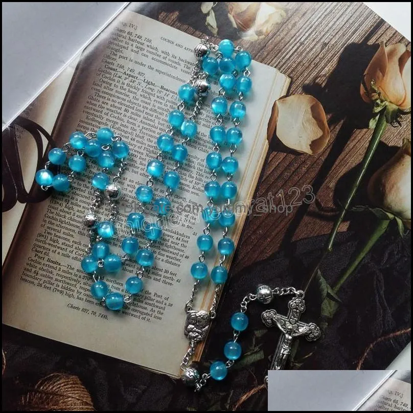 catholic prayer jewelry blue acrylic transparent beads long cross pendant rosary necklace for men women