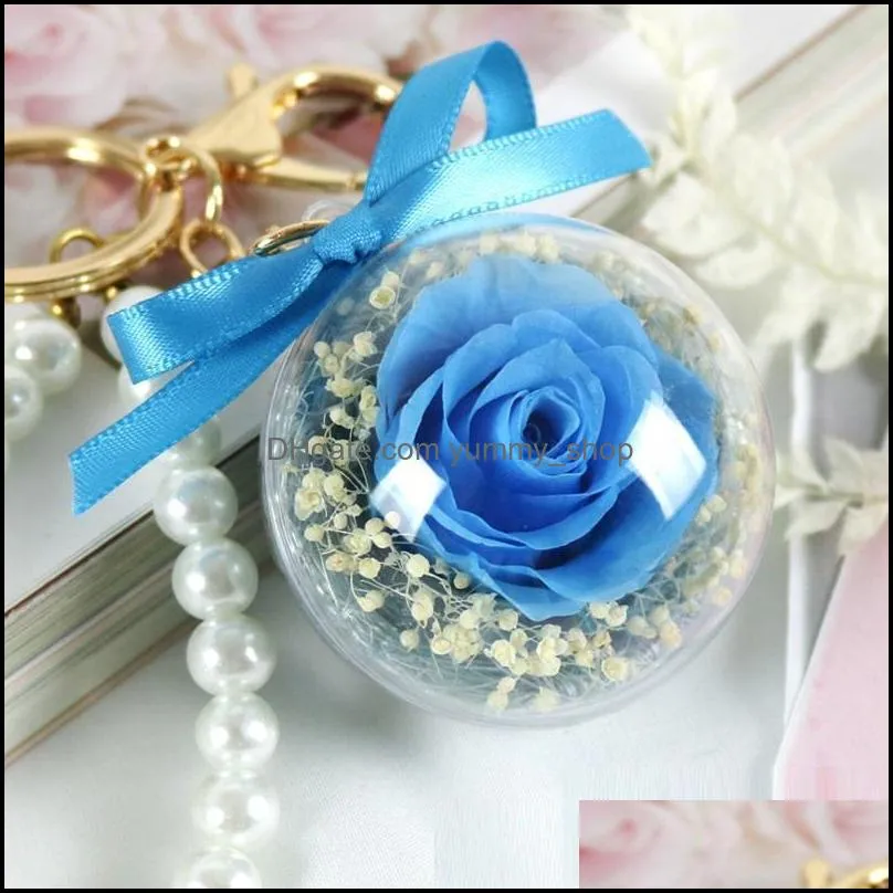 eternal flower keychain clear acrylic ball transparent sphere 5cm rose key ring valentines gift wedding favors rra11097