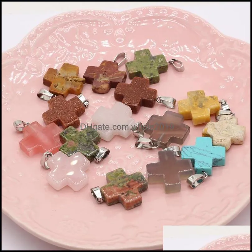 charms 2022 natural semiprecious stone crystal rough quartz mineral agate gem cross pendant for making diy necklace accessories