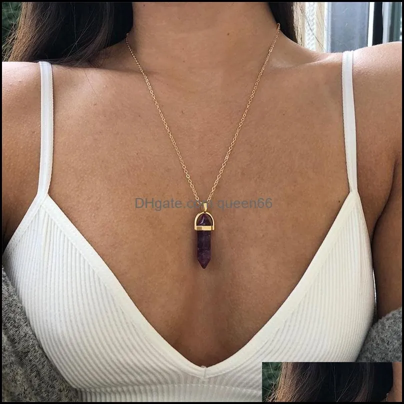 fashion hexagonal column quartz necklaces pendants gold chain natural stone crystal pendant necklace for women jewelry 807 r2