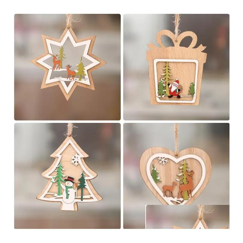 stock 3d wooden christmas pendant for christmas tree decoration wooden hanging crafts for children wood christmas ornaments