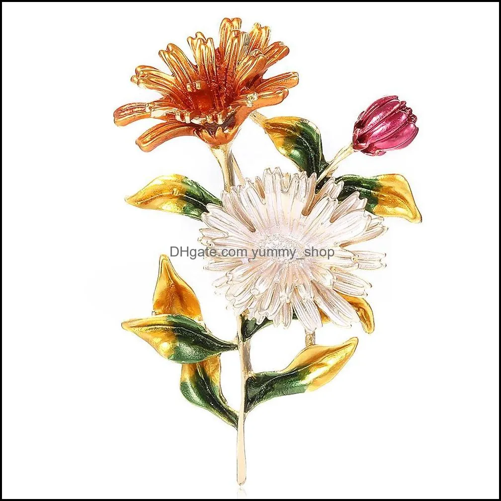 fashion pink daisy flowers bouquet plant enamel brooches metal weddings banquet brooch pins for women and men dress coat jewelry