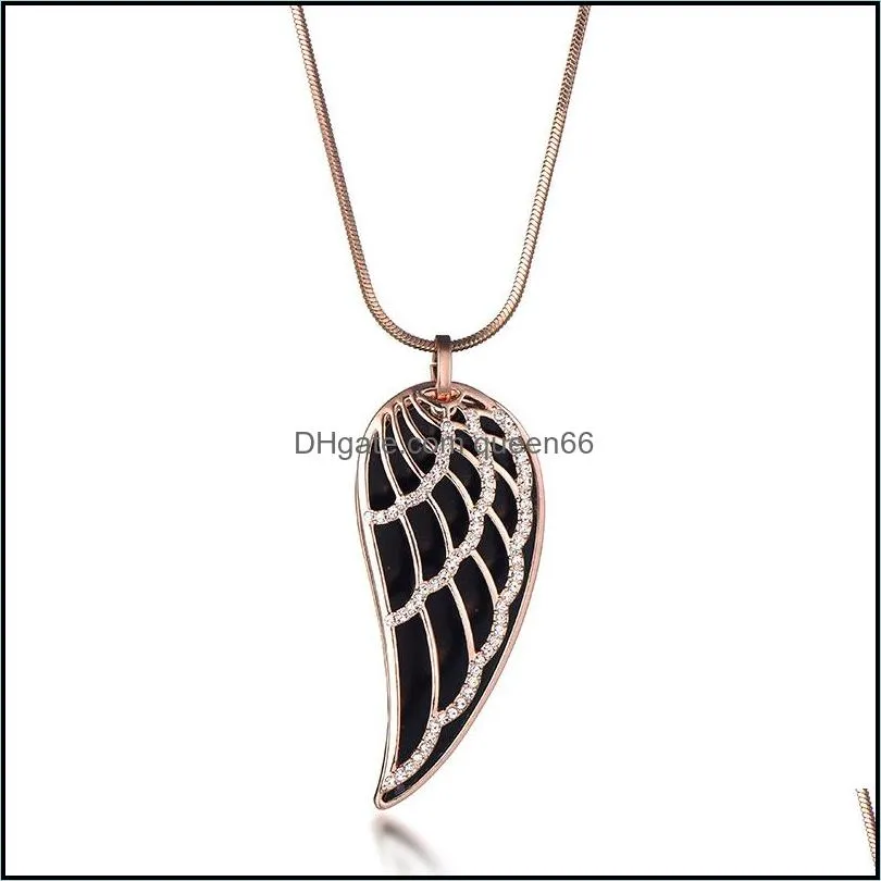 gold color crystal feather angel wing pendant necklace double layer long sweater chain statement jewelry collares for women