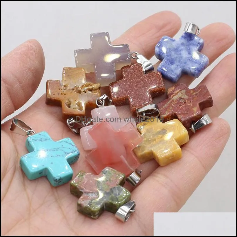 charms 2022 natural semiprecious stone crystal rough quartz mineral agate gem cross pendant for making diy necklace accessories