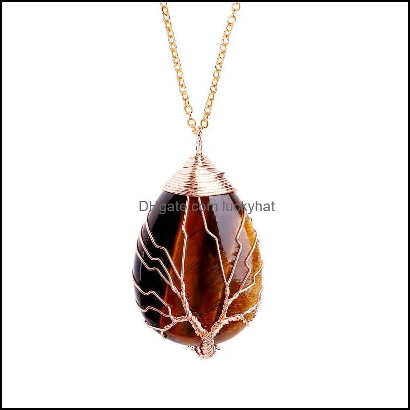 fashion tree of life necklace natural stone pendant gold color wire wrap gem pink quartz tiger eye green necklaces