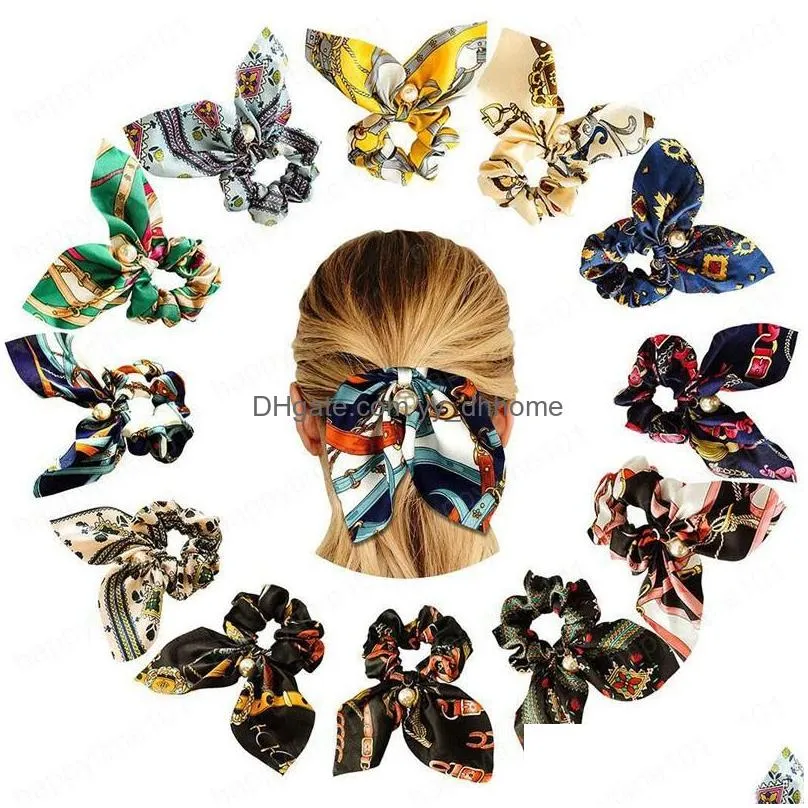 chiffon bowknot silk hair scrunchies women pearl ponytail holder hair rope rubber bands hair accessories
