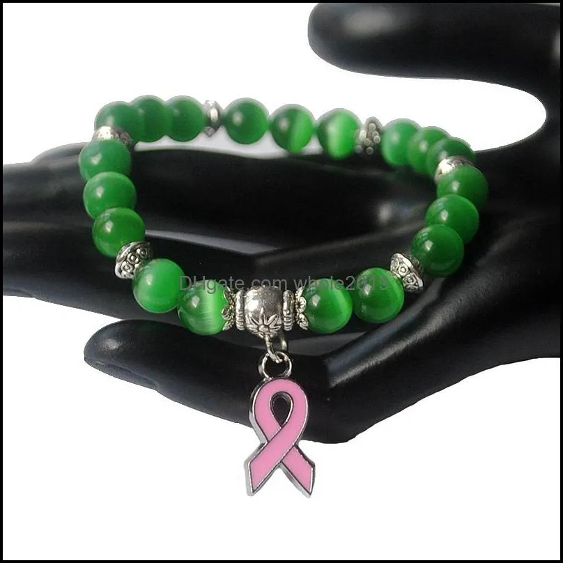 breast cancer awareness pink ribbon charm bracelet 5 color cat eye opal 8mm beads bracelets bangle