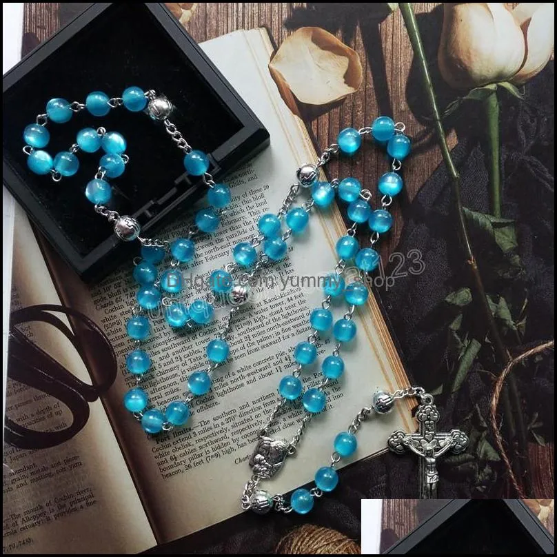 catholic prayer jewelry blue acrylic transparent beads long cross pendant rosary necklace for men women