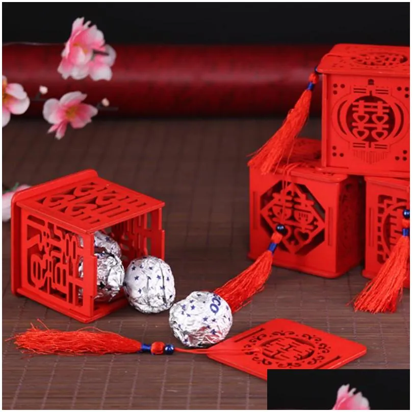 many styles wood chinese double happiness wedding favor boxes candy box chinese red classical sugar case with tassel 6.5x6.5x6.5cm