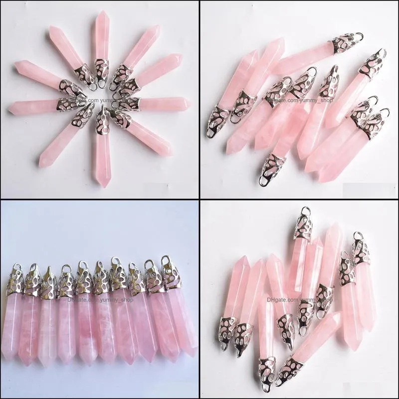 natural stone pink quartz crystal hexagonal pillar charms pendants jewelry necklace earrings making