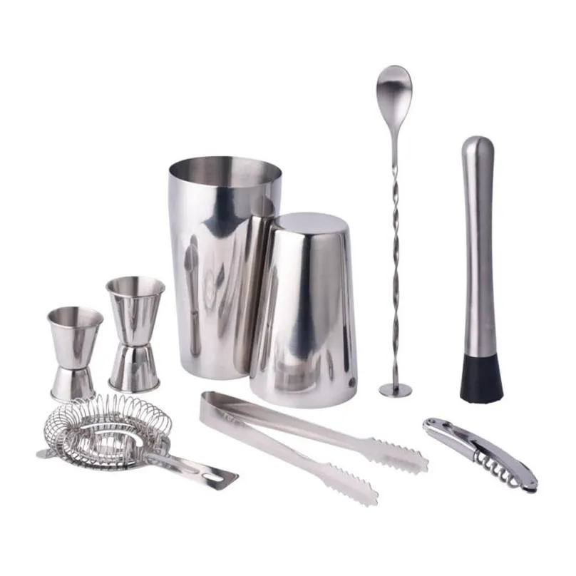 9pcs/set stainless steel cocktail shaker mixer drink bartender browser kit bars set tools professional bartender lz0946