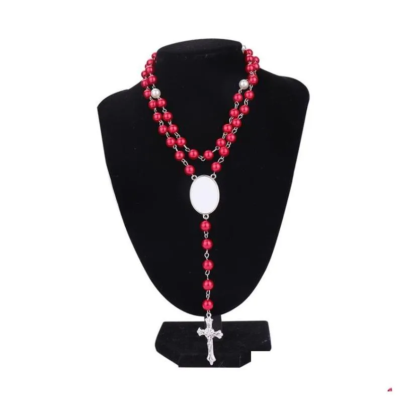 party favor 4 colors sublimation necklace heat transfer pendant rosary bead necklace cross jesus metal pendants sn6569