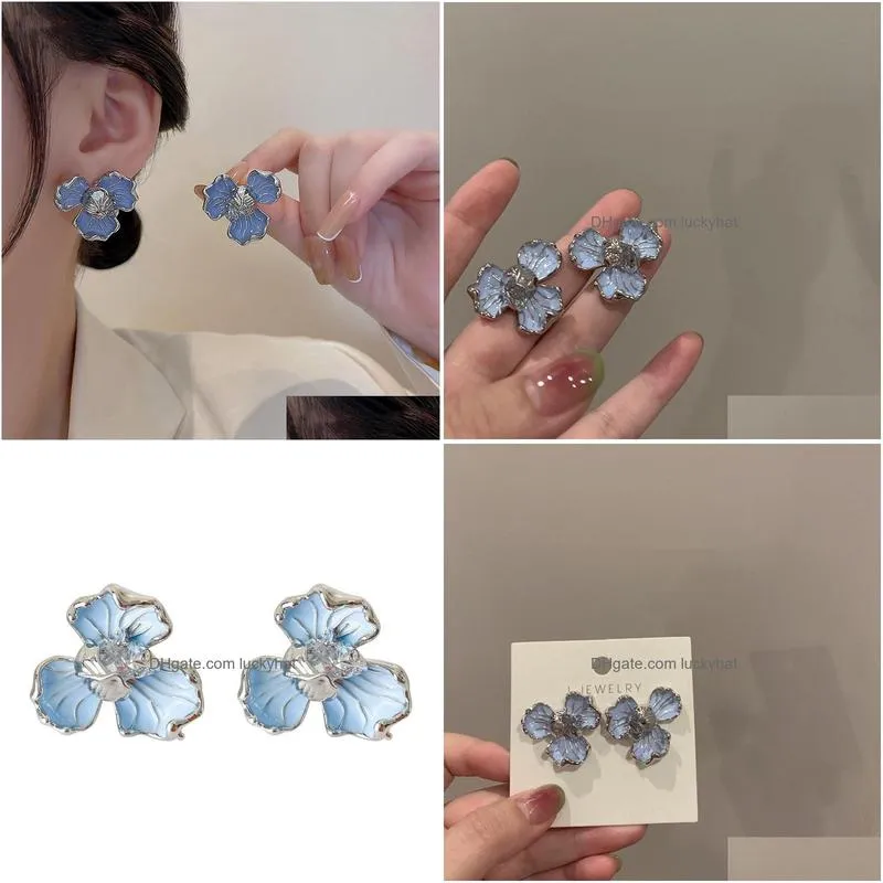 fashion jewelry enamel blue flower stud earrings for women three petal florals earrings