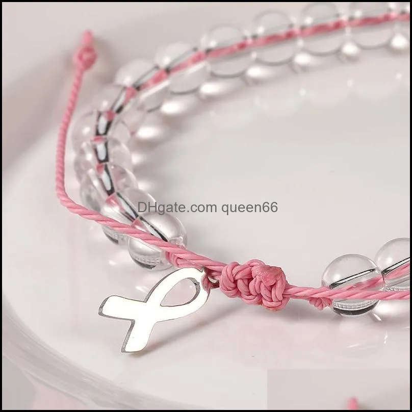 breast cancer awareness bracelet clear glass beads charm bracelet with make a wish card for women men handmade woven rope bracelet