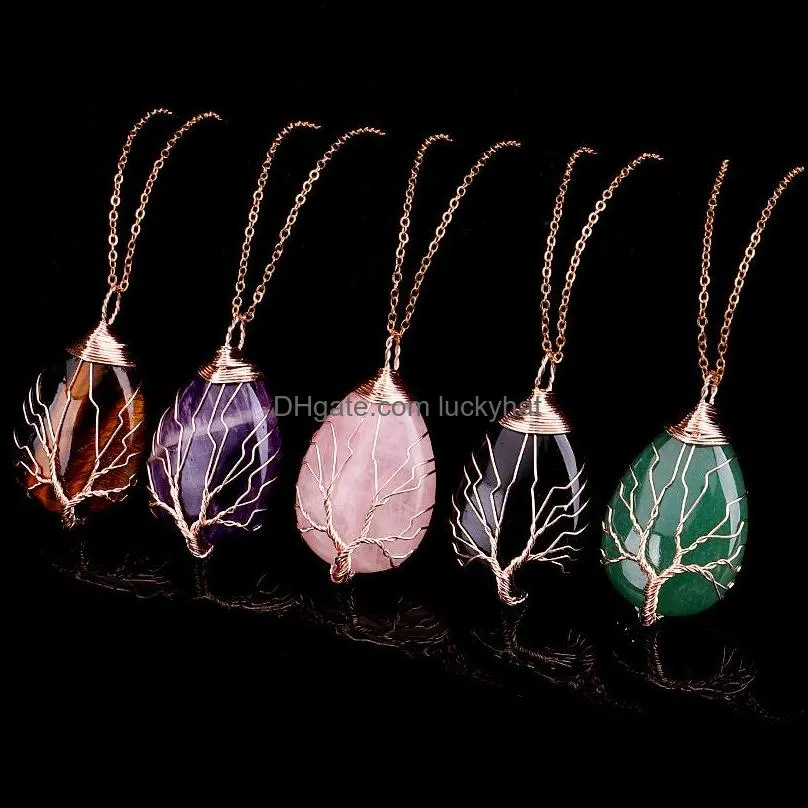 fashion tree of life necklace natural stone pendant gold color wire wrap gem pink quartz tiger eye green necklaces