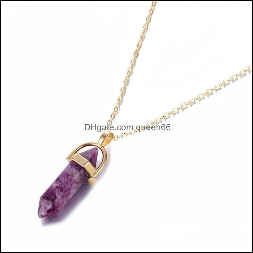fashion hexagonal column quartz necklaces pendants gold chain natural stone crystal pendant necklace for women jewelry 807 r2