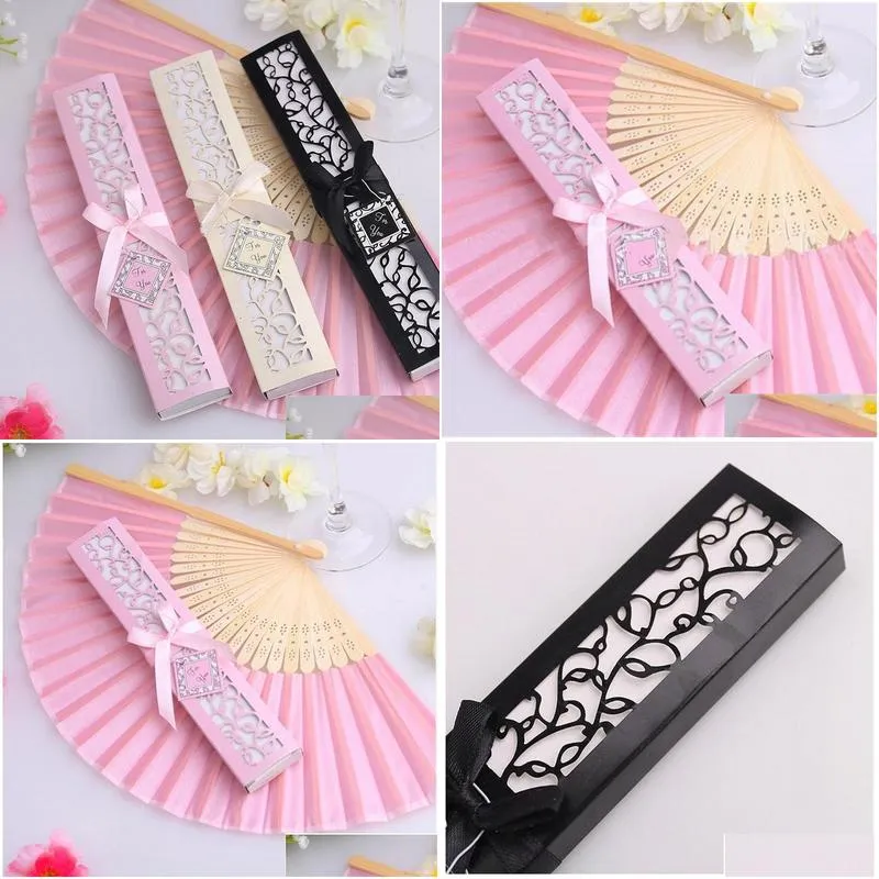 luxurious silk fold hand fan in elegant lasercut gift box addparty favors wedding baby shower gifts fast shipping f2017530