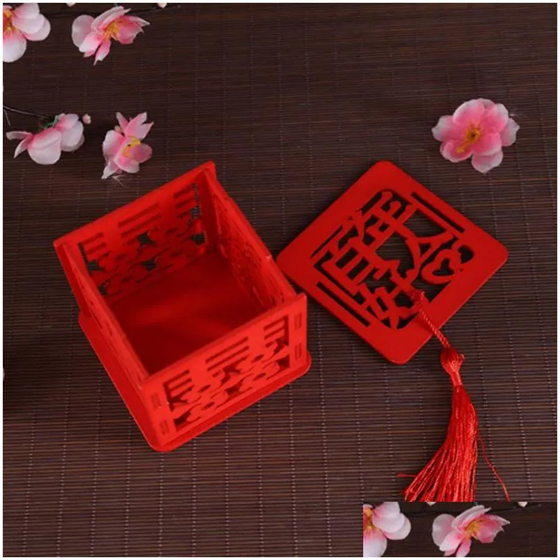 many styles wood chinese double happiness wedding favor boxes candy box chinese red classical sugar case with tassel 6.5x6.5x6.5cm