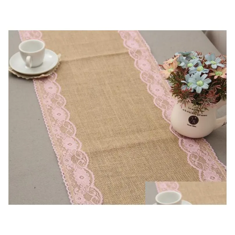 20pcs 30cmx275cm vintage burlap lace hessian table runner natural jute country wedding banquet party home decoration