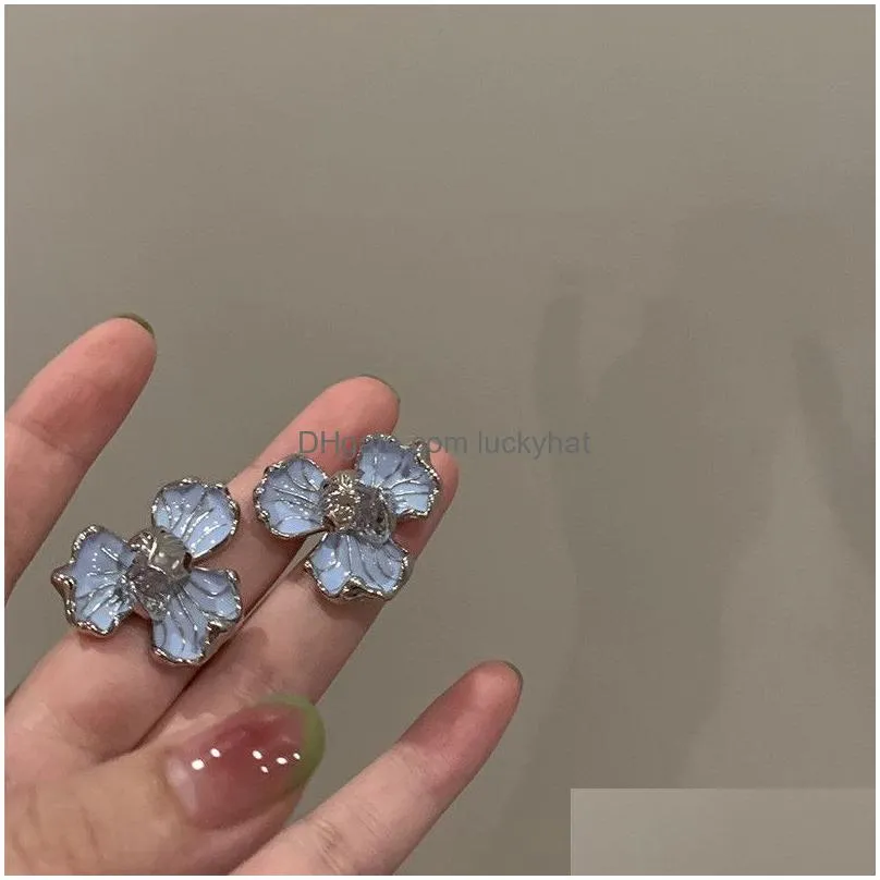 fashion jewelry enamel blue flower stud earrings for women three petal florals earrings