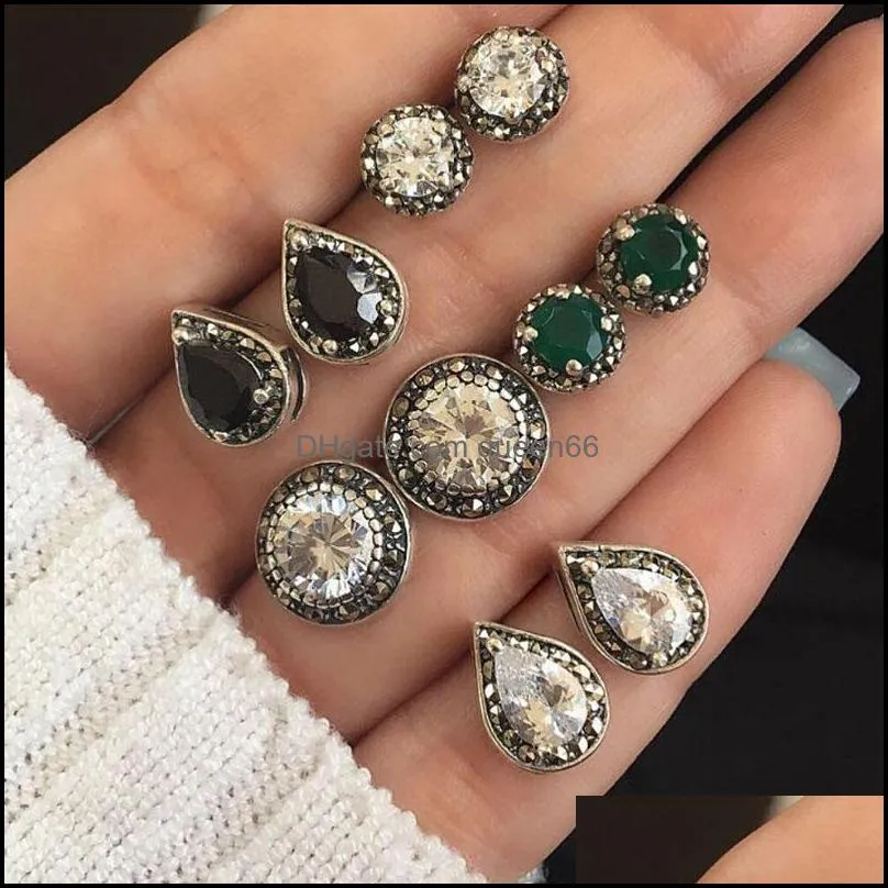 vintage crystal waterdrop stud earring set for women bohemian style dazzing geometric jewelry set