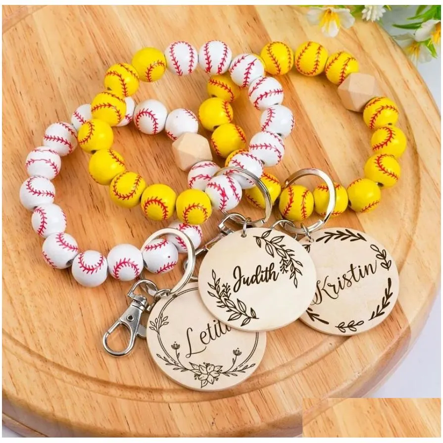 6 styles beaded bracelet keychain pendant party favor sports ball soccer baseball basketball wooden bead bracelet 0926
